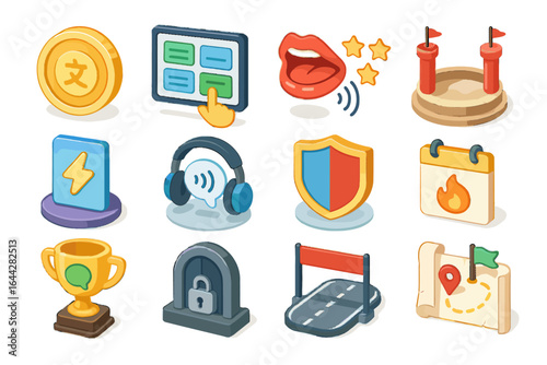 Icons progress language xp race icon content gamified vector quest listening speaking