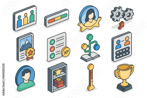 Trophy skills gamified vector challenge icons completion training learning meter icon peer