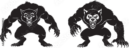 Vector art of two menacing werewolves in a crouched position, isolated on white background