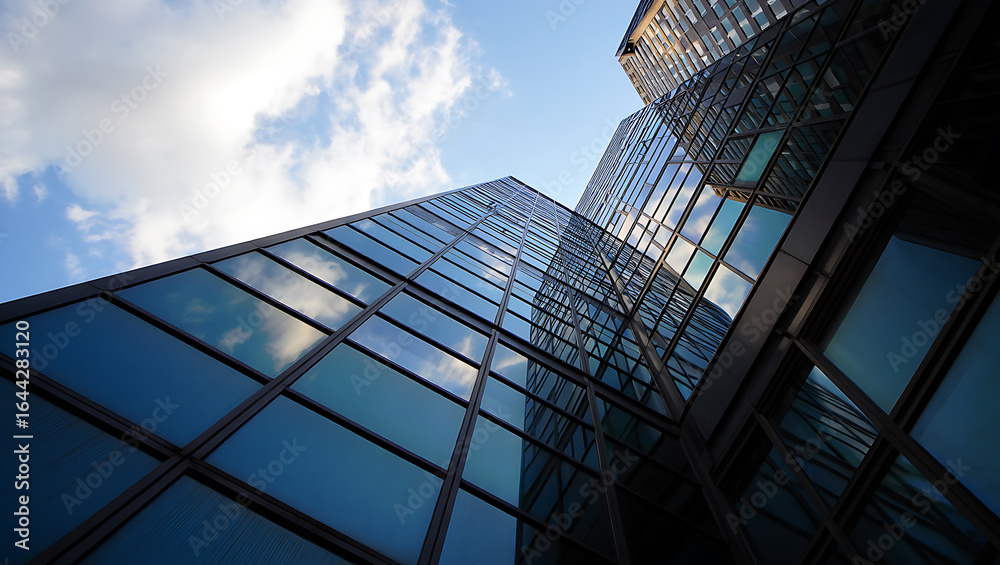 Obraz premium Modern Glass Skyscraper Reflecting Blue Sky and Clouds Creating a Sense of Verticality and Architectural Grandeur