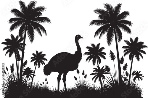 Vector art of silhouette of an ostrich standing among palm trees and grass, isolated on white background