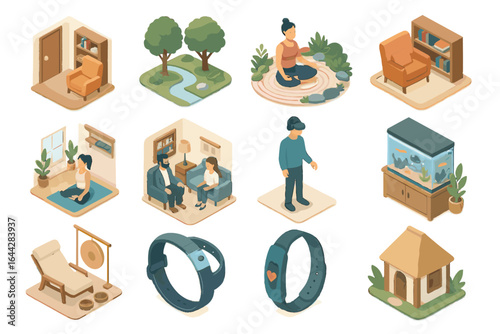 Mental therapy icon office meditation quiet fitness retreat yoga vector scene garden