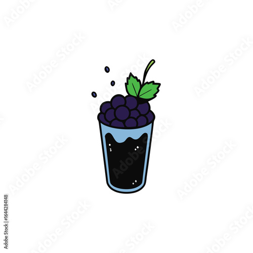 Refreshing blackberry drink with a dynamic black splash and fresh mint leaf illustration