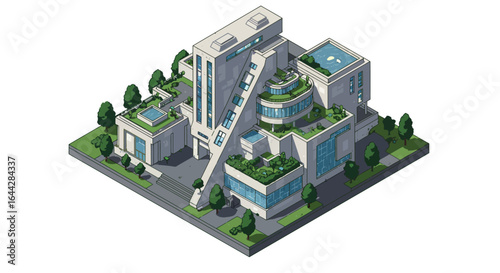 Modern eco-friendly isometric building with green roof and futuristic design