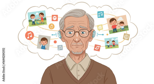 Elderly man reminiscing happy family memories in thought bubble