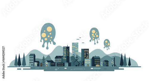 Whimsical cityscape with alien invasion in flat style