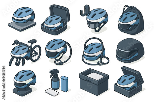 Smart helmet vector lock cleaning bag storage carrying mount shelf cover icon
