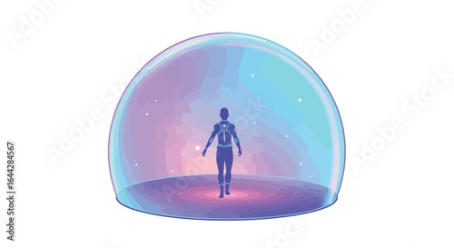 Futuristic holographic dome: silhouette of human inside glowing sphere