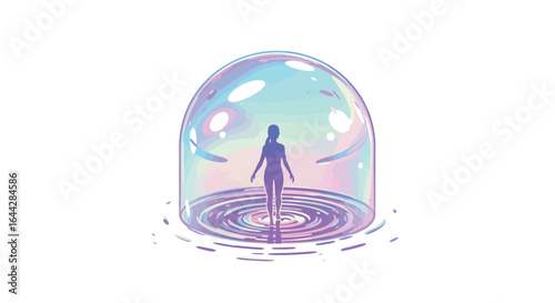 Surreal pastel silhouette in glass dome with ripples