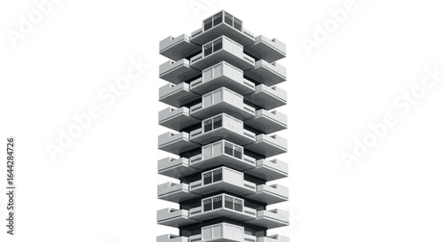 Modern geometric high-rise building with symmetrical balconies in black and white
