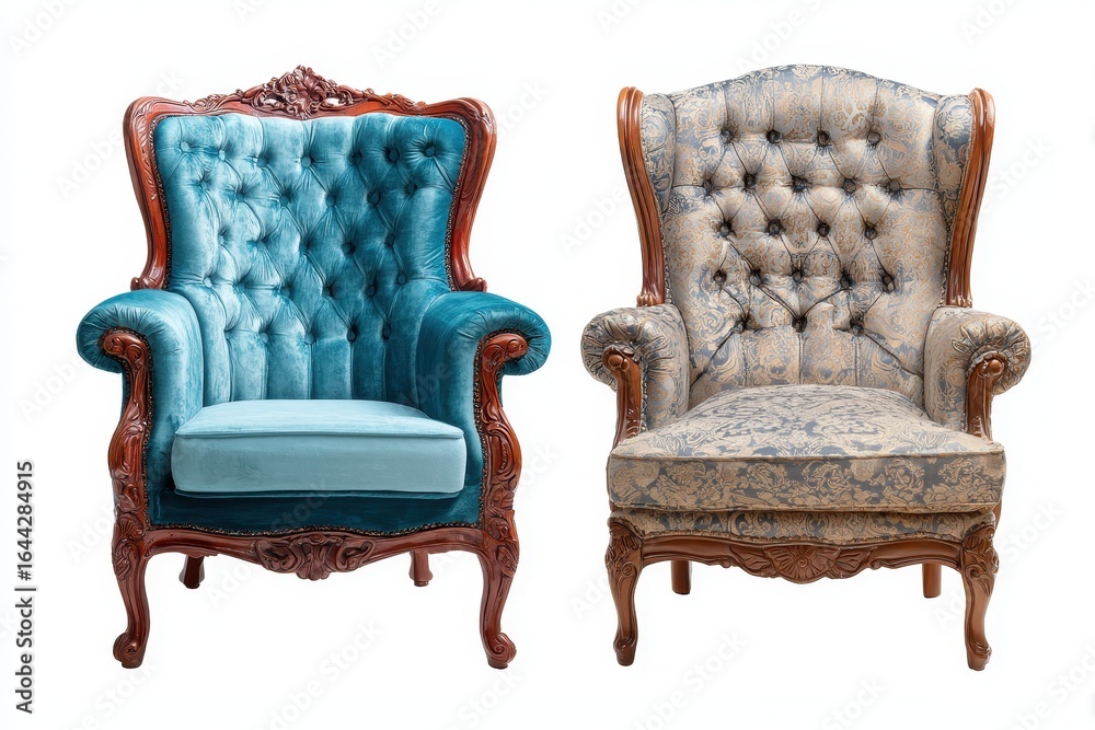 Elegant Pair of Antique Upholstered Armchairs: Retro Luxury Seating for Indoor Relaxation Elegant Pair of Antique Upholstered Armchairs: Retro Luxury Seating for Indoor Relaxation