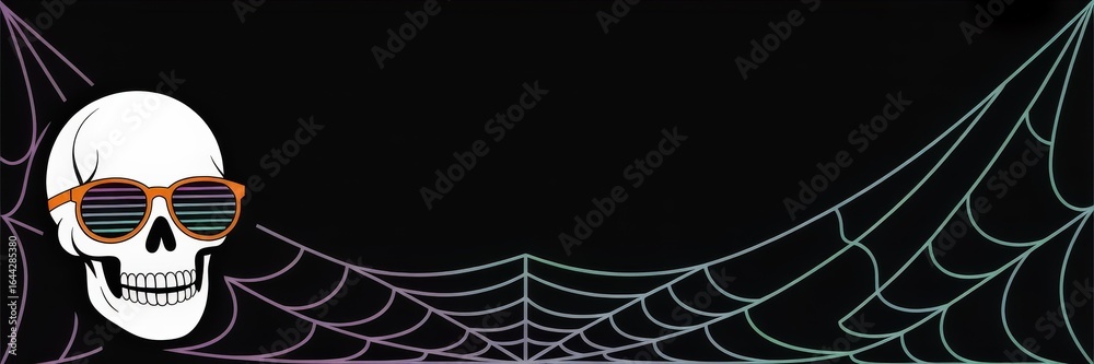 Fototapeta premium Halloween Party Banner — Vector Retro Neon White Skull Orange Striped Sunglasses, Pastel Purple & Teal Spiderwebs Black, Wide Social Media Flyer/Poster Template (Synthwave/Vaporwave)