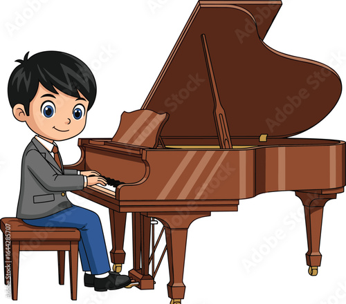 Cartoon Character Playing Grand Piano on Bench—Musician in Gray Jacket and Blue Pants for Music, Education, and Performance Themes
