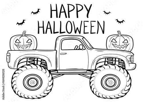 Halloween-themed monster truck with pumpkins and bats for coloring page  