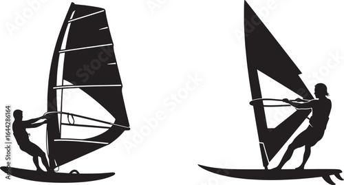 Vector art of silhouette of a windsurfer on a board with a sail isolated on white background