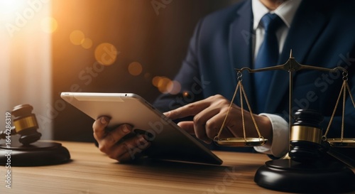 Professional legal expert utilizing digital tablet technology alongside traditional justice scales and gavel in a law office setting