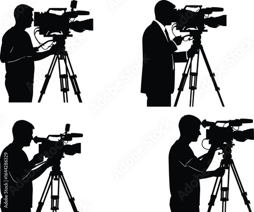 Four Silhouettes of Videographers Operating Tripod-Mounted Cameras, Professional Filming Poses, Ideal for Media, Production, and Tutorial Concepts