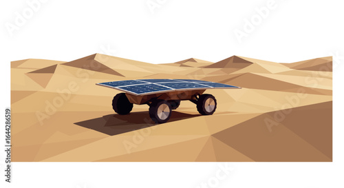 Low poly solar-powered rover exploring desert landscape
