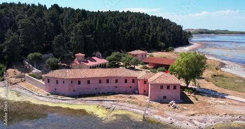 Aerial view of Albania Vlore Zvërnec island, St. Mary's Monastery.