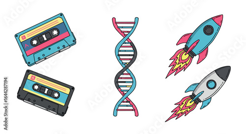 Retro cassette tapes, dna helix, and rockets in colorful hand drawn style