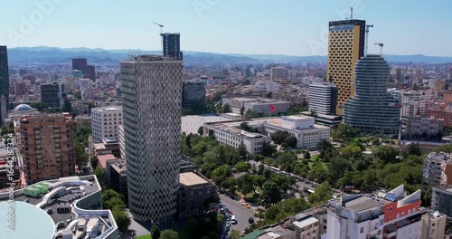Aerial View of Tirana, Albania. Tirana's city center, highlighting Skanderbeg Plaza, Et'hem Bey Mosque, Skanderbeg monument square, Opera ballet Theatre and Giant Concrete Head Building