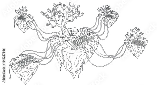 Digital tree network with keyboards on floating islands in minimalistic style
