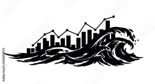 Economic growth chart merging with turbulent ocean waves design