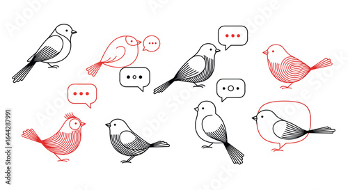 Minimalist birds with speech bubbles in simple line art style