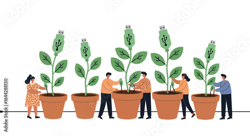 Growth concept: people cultivating usb cable plants in pots
