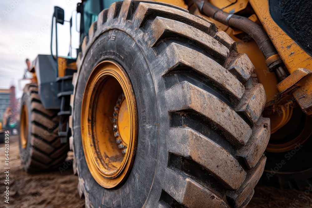 Close-Up of Heavy-Duty Construction Tire for Tractor Equipment in Rugged Machinery Environment Close-Up of Heavy-Duty Construction Tire for Tractor Equipment in Rugged Machinery Environment