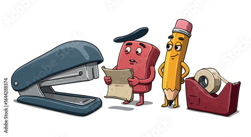 Cartoon office companions: funny stationery characters with a stapler and tape dispenser