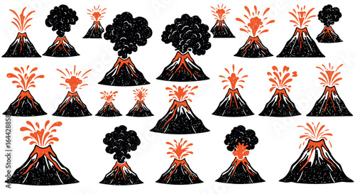 Seamless pattern of erupting volcanoes with hand-drawn style