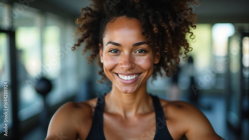 A beautiful brunette woman with a joyful smile poses outdoors in a fitness-inspired portrait. woman, portrait, smiling, curly hair, gym, fitness, athletic wear, dark background Free Download A beautiful brunette woman with a joyful smile poses outdoors in a fitness-inspired portrait. woman, portrait, smiling, curly hair, gym, fitness, athletic wear, dark background - GFXLoad
