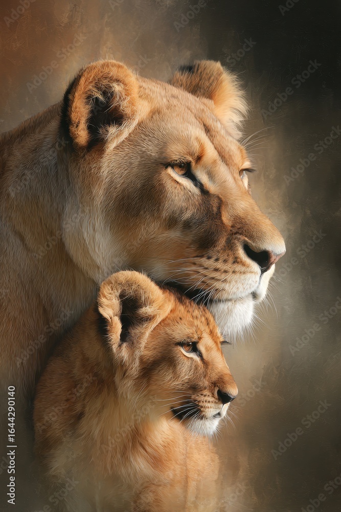 Fototapeta premium Stunning Airbrush Masterpiece of a Caring Lion and Her Adorable Cub in a Dreamy Background