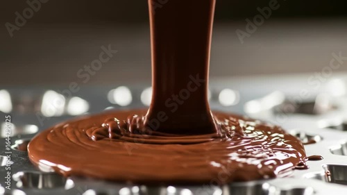 Melted Chocolate Pouring into Mold, Close Up View