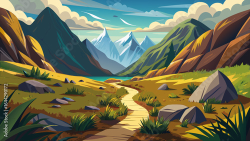 Path into dramatic valley covered by mountains New Zealand