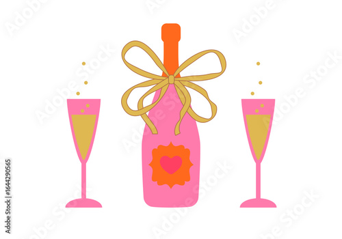 Prosecco wine bottle and glasses. Champagne Bottle and Flute Glass