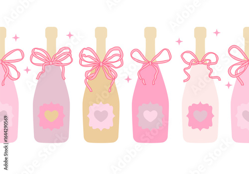 Seamless pattern with wine bottle with bow. Champagne, Brut, Sparkling wines. Festive drinks. Holiday and events celebration