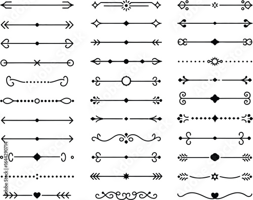 A versatile collection of elegant black line dividers and ornate page decoration elements, offering diverse designs for enhancing documents, web layouts, and creative graphic projects.