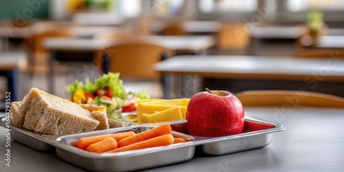 School lunch tray with sandwich, vegetables, and apple