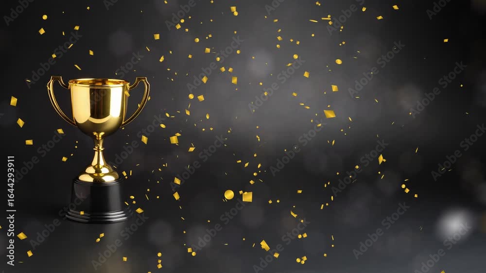 Golden champion trophy cup with falling confetti animation on a dark background. Concept of victory and success. First place award celebration with ample copy space for text and graphics.