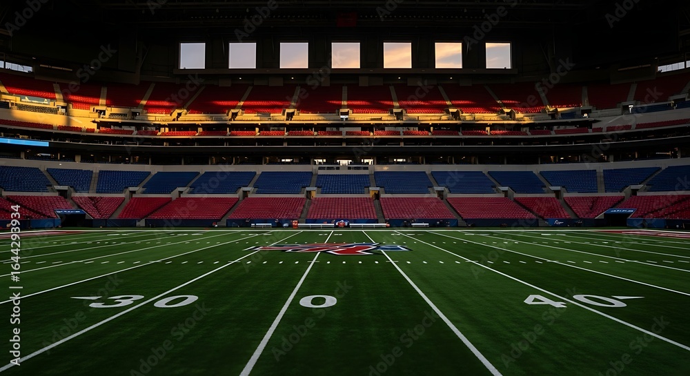 Obraz premium An empty american football stadium bathed in the warm glow of the setting sun, highlighting the pristine green field and tiered seating.