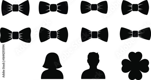 Vector art of collection of bow ties people silhouettes and clover isolated on white background