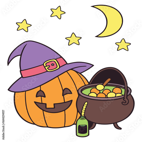 A charming halloween illustration featuring a pumpkin wearing a witch hat, a cauldron filled with goodies, and stars under a crescent moon, isolated on white background