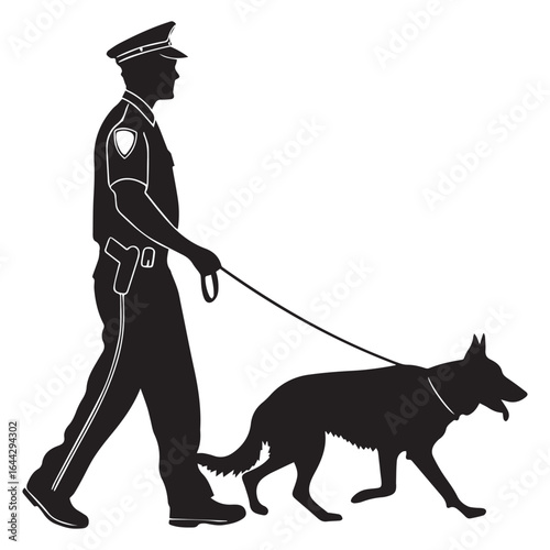 Silhouette of a police officer walking with a dog isolated on white background, representing law enforcement, security, and the strong bond between a cop and his canine partner