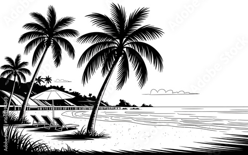 Tropical Beach Scene with Palm Trees and Loungers Vector Illustration Black and White Ideal for Vacation Designs