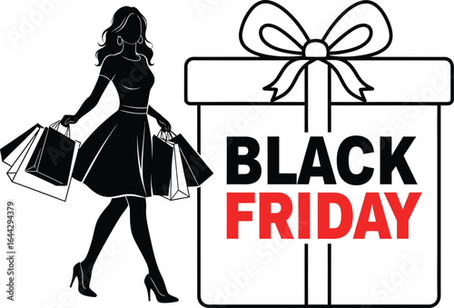 Vector art of black friday shopping sale with woman holding shopping bags isolated on white background