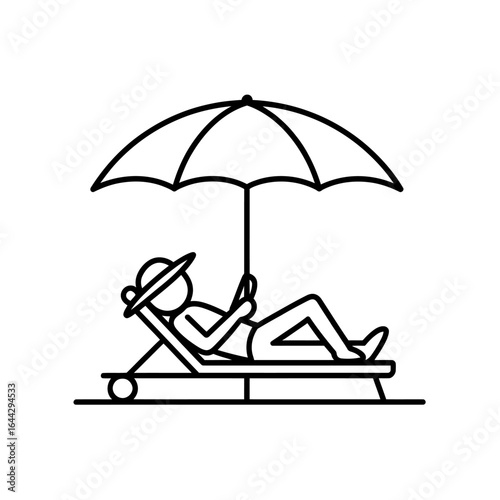 Person Relaxing on a Beach Chair Under an Umbrella Minimalist Line Art Illustration for Summer Vacation and Relaxation Theme