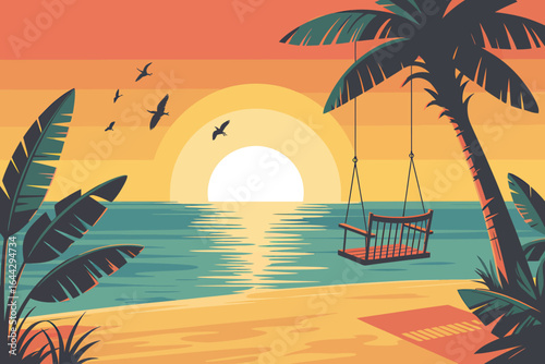 Tropical Paradise Beach Sunset with Palm Tree and Swing Serene Ocean View Illustration