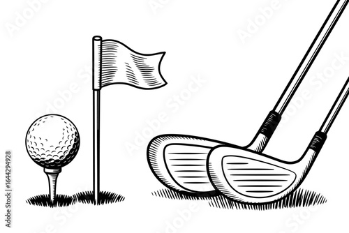 Golfing Equipment Illustration Featuring Ball on Tee Flag and Clubs for Graphic Design Projects and Sporting Themes